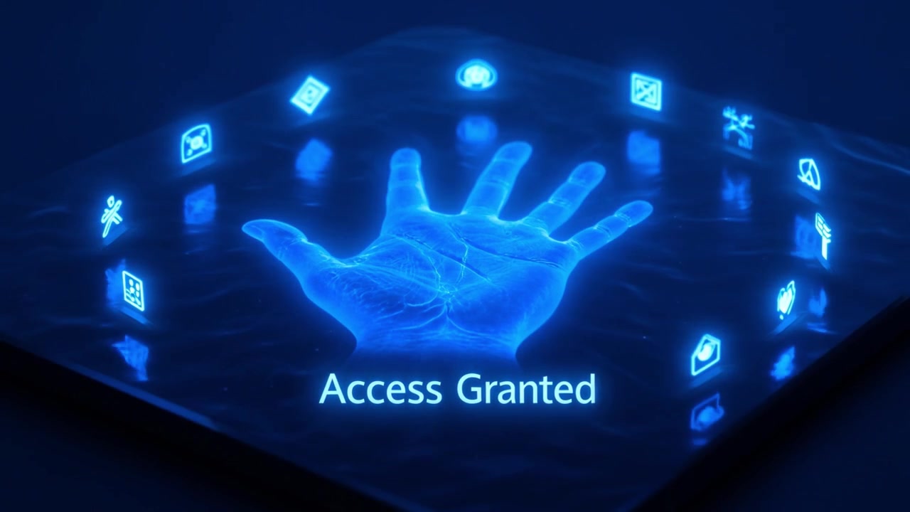 Access Granted After Biometric Hand Scan on Futuristic Interface