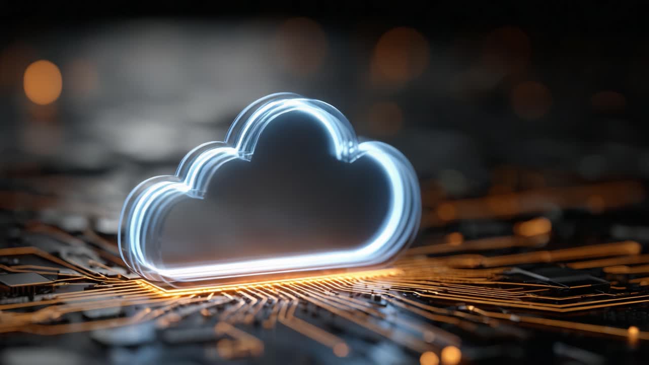 Innovative Cloud Technology Visualized: A Glowing Cloud Icon Illuminating a Circuit Board Background, Representing Connectivity and Digital Solutions