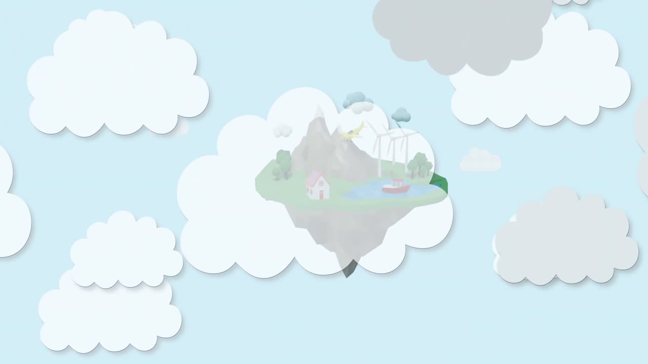 파란색 배경에 풍력 터빈과 함께 지구상의 회색과  ⁇ 색 구름의 애니메이션