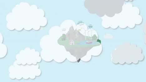 animación de nubes grises y blancas sobre el globo con turbinas eólicas sobre fondo azul