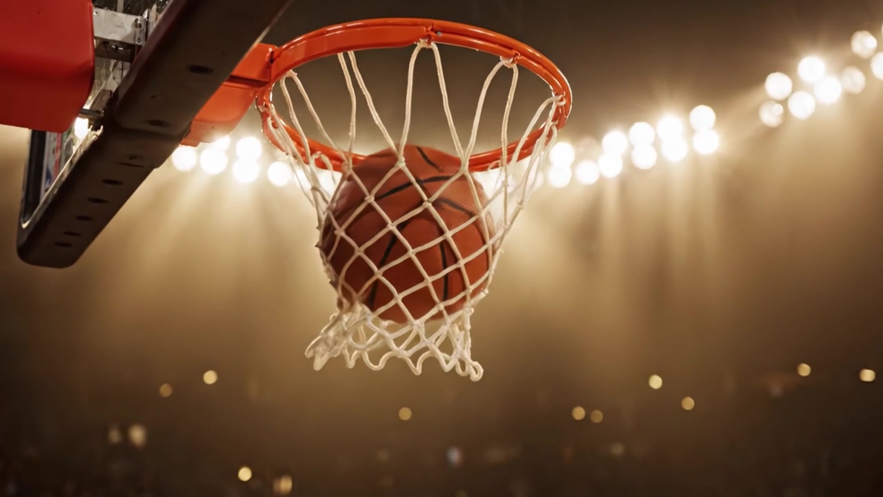Uno sguardo mozzafiato all'iconico canestro da basket in azione, che cattura l'emozione e l'intensità del gioco sotto le luci brillanti dell'arena in due fotogrammi accattivanti.