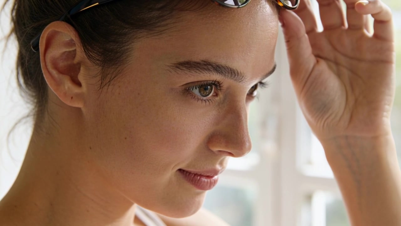 Donna che preme l'asciugamano dopo aver lavato il viso, si sistema i capelli e abbassa gli occhiali da sole per la luce del sole a casa.