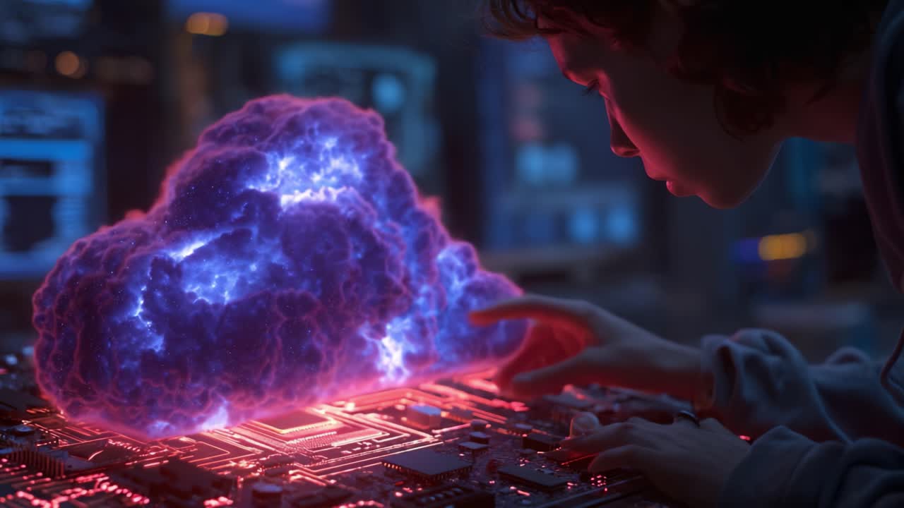 A Young Innovator Engages with a Mystical Cloud, Infusing Life into a Circuit Board, Bridging Technology and Imagination in a Futuristic Realm