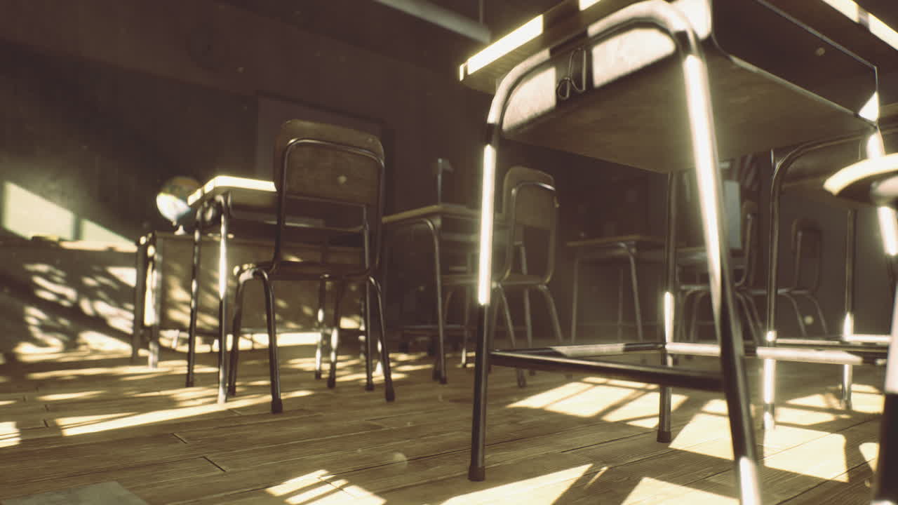 Classroom with empty chairs and sunlight streaming through the windows