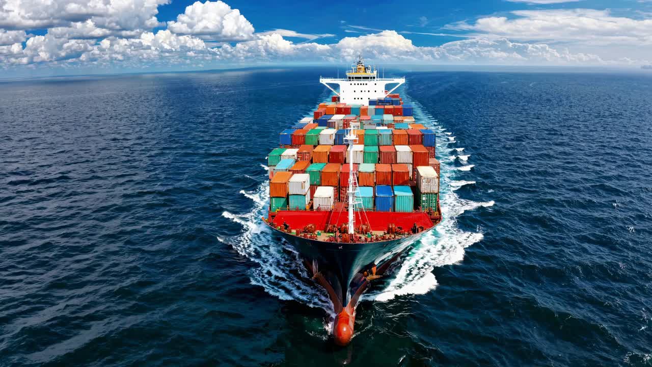 Aerial view of a cargo ship navigating the ocean, showcasing vibrant containers