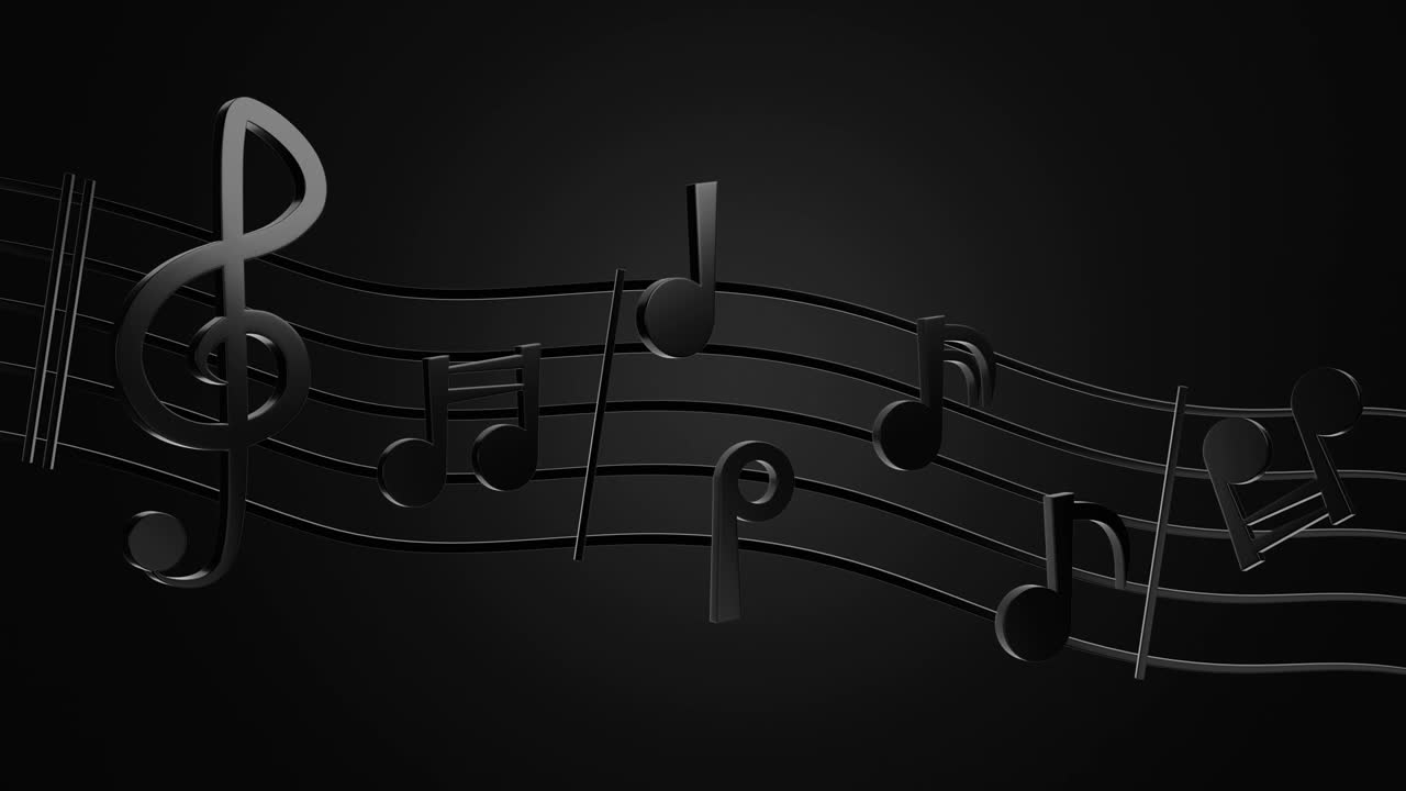 notas de música negras y líneas de música de onda en el fondo oscuro.