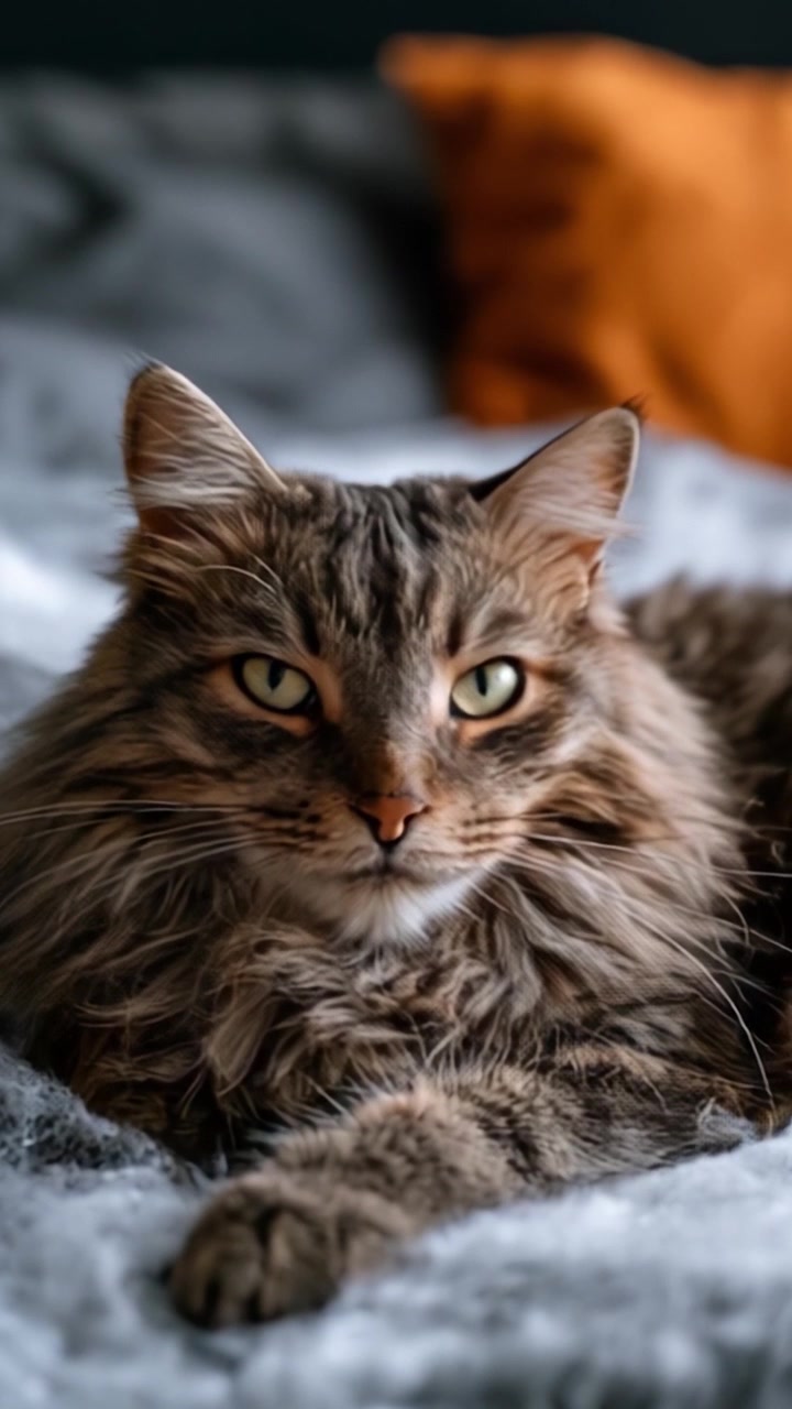 Un gatto sereno che riposa comodamente su una morbida coperta, catturato in due immagini di tranquillità e calore, evidenziando la sua bella pelliccia e l'espressione rilassata.