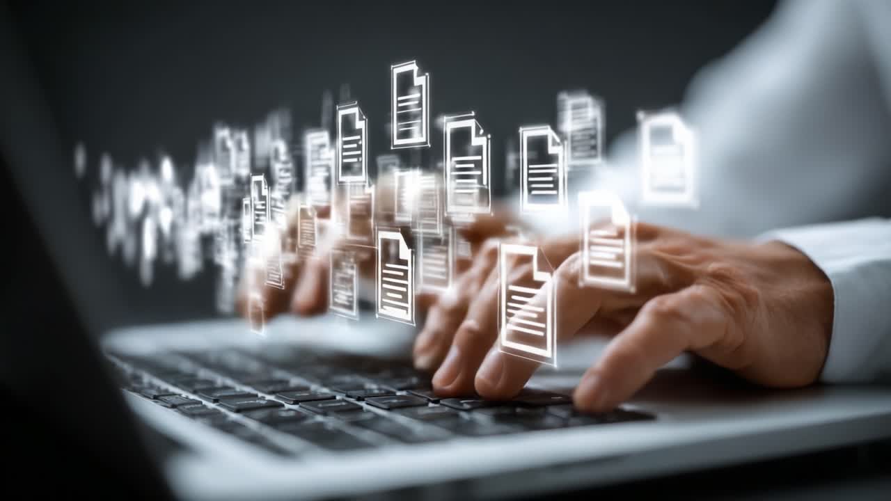 The Modern Workflow: A Seamless Integration of Technology and Documentation as Hands Navigate Through Digital Files on a Laptop Keyboard