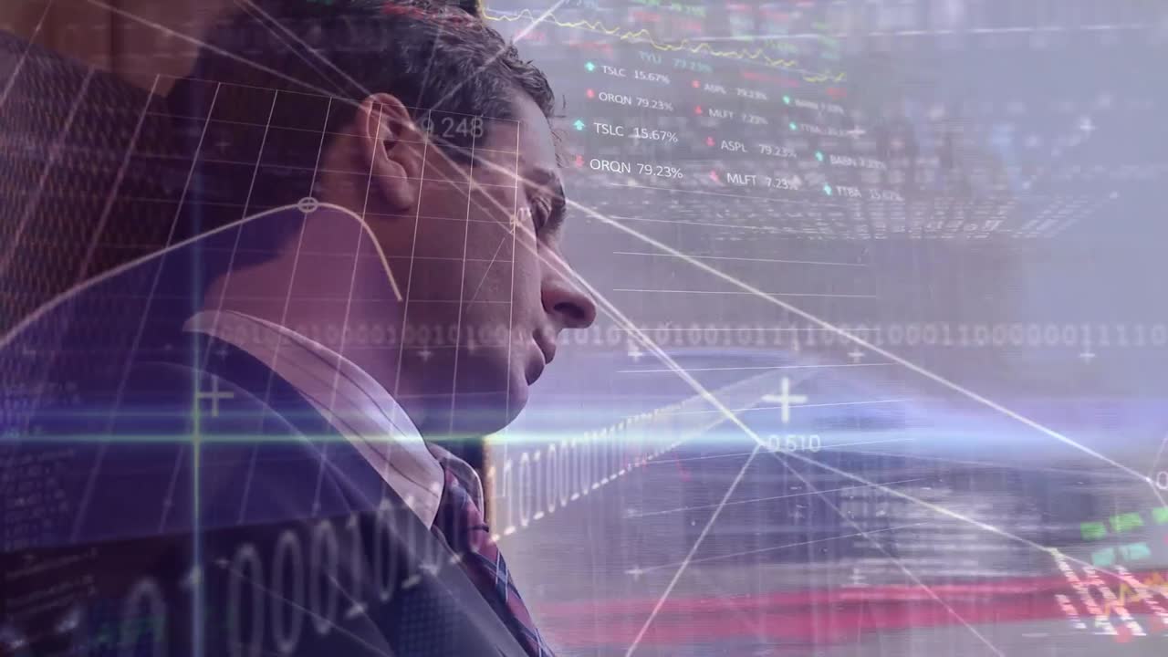 Animation of data processing over caucasian businessman in bus