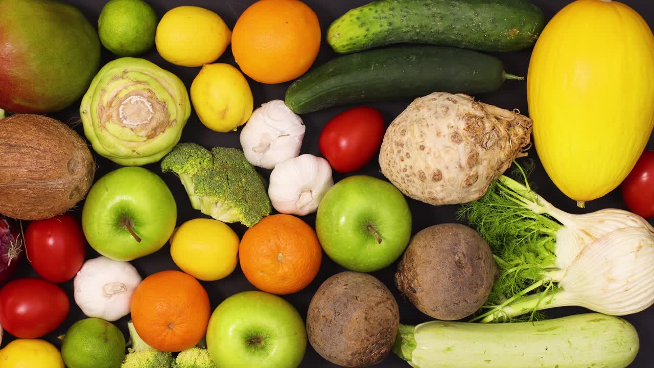mesa negra llena de frutas y verduras frescas, maduras y saludables.