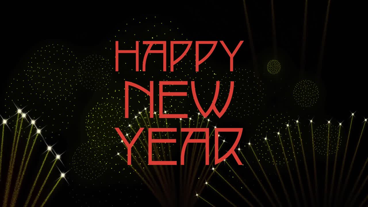 Animation of happy new year text over fireworks on black background ...