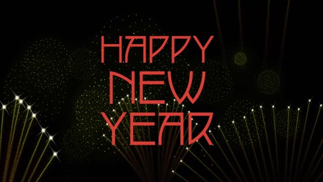 Animation-of-happy-new-year-text-over-fireworks-on-black-background