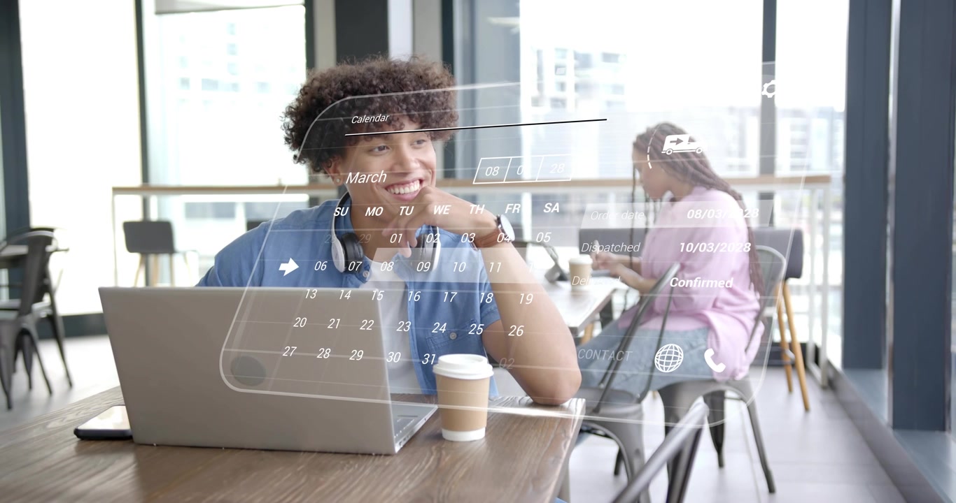 Tech user entering cafe opening laptop projecting calendar highlighting week, confirming booking