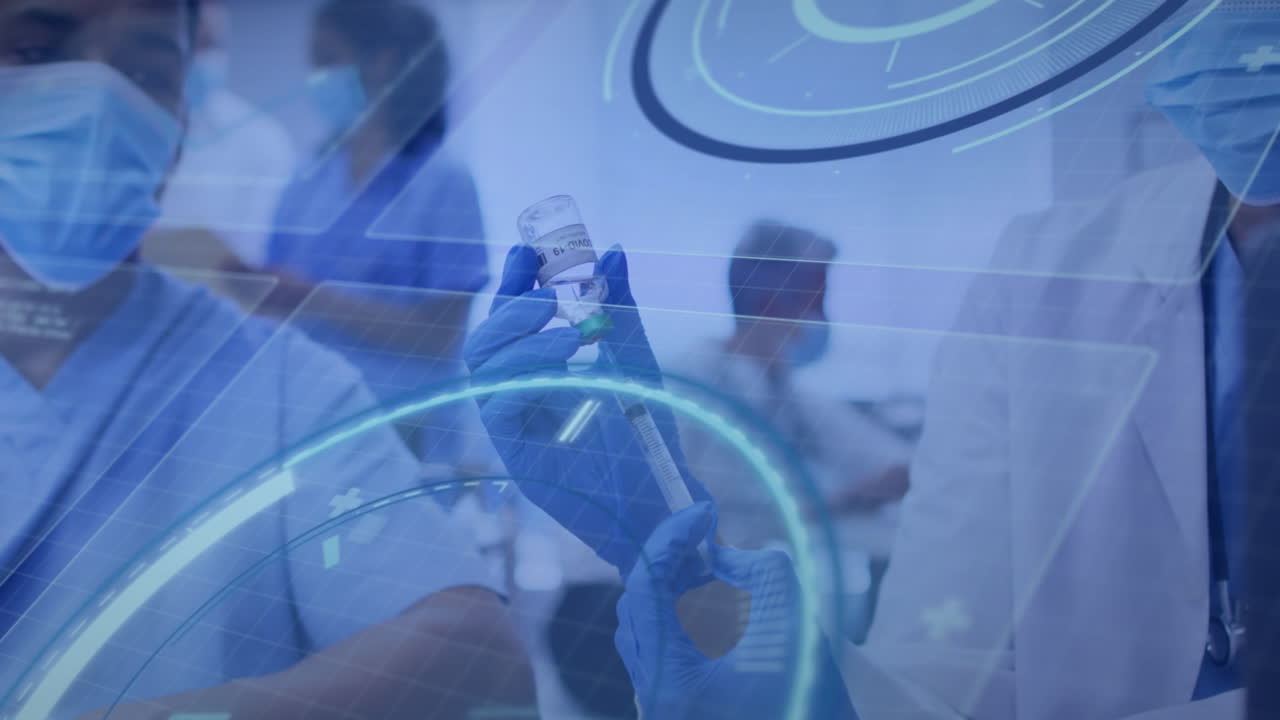 백신을 접종하는 얼굴 마스크를 착용한 다양한 의사들에 대한 데이터 처리 애니메이션