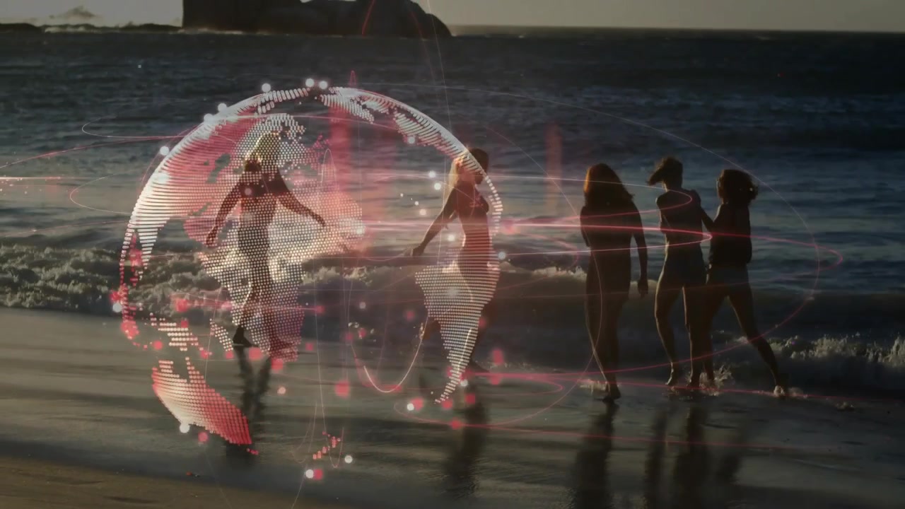 Globe graphic pulsing revealing friendship while women walking ankle-high surf for travel marketing