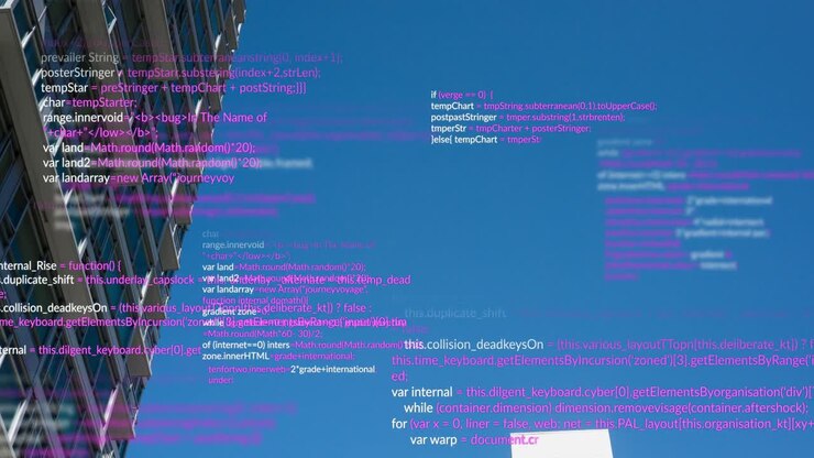 Animation of data processing over tall buildings against blue sky