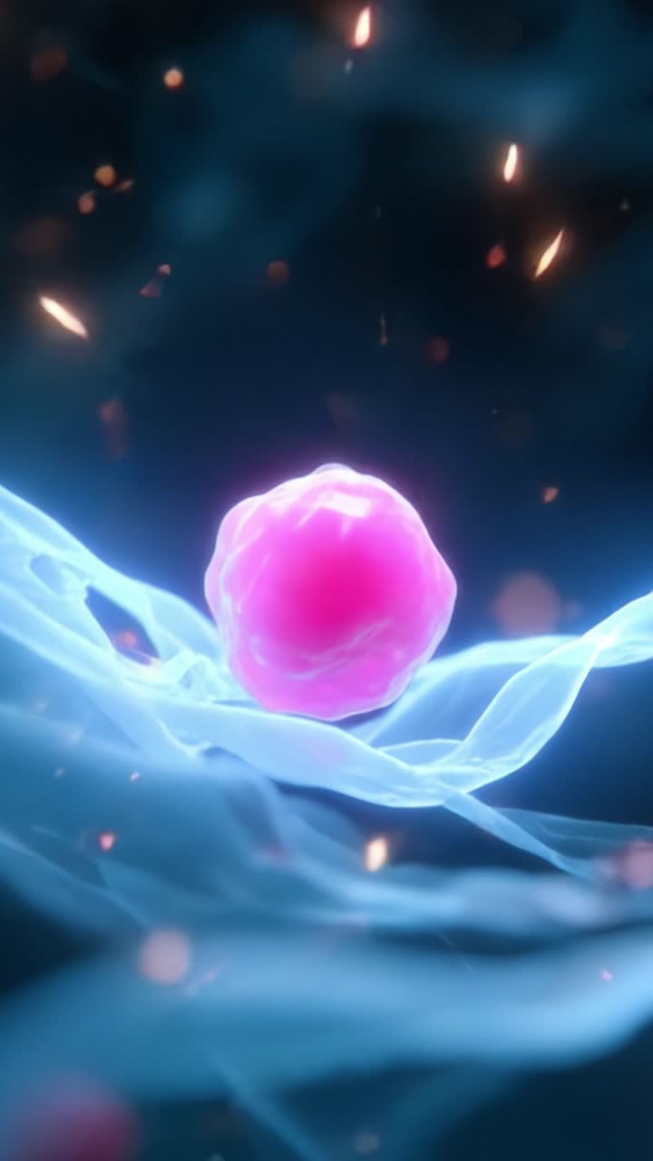 Animazione vibrante della struttura cellulare che mostra una cellula rosa circondata da luce eterea e particelle, catturando la bellezza delle forme di vita microscopiche