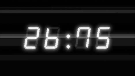 four digit 30 second digital clock countdown. white digits on a black background and vhs type glitches and distortions. retro digital alarm clock with glow, noise, glitches and distortions