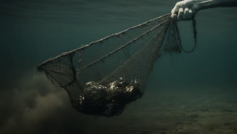 a diver's hand grasping an underwater net filled with marine life, capturing the beauty and fragility of ecosystems beneath the surface