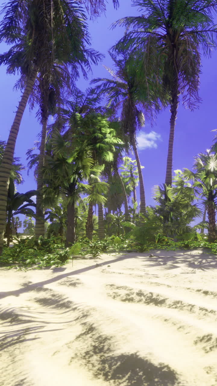Tropical paradise landscape with palm trees on serene beach at sunset