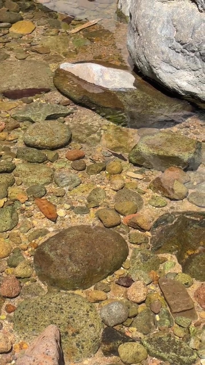 Acqua limpida che scorre su ciottoli di fiume lisci.