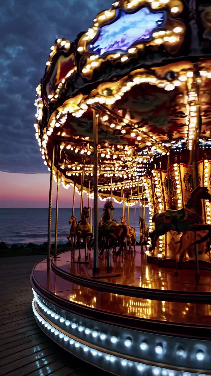A low-angle video shot of a vintage carousel at dusk, illuminated with warm lights