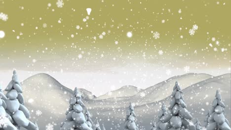 Animation-Von-Weißen-Weihnachtsschneeflocken,-Die-über-Bäume-In-Der-Winterlandschaft-Und-Am-Gelben-Himmel-Fallen