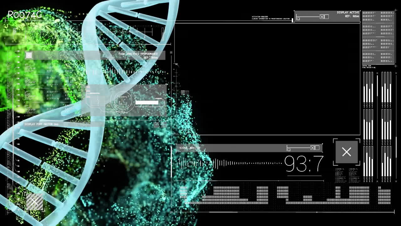 Animation of data processing over dna strand and green light spots on black background