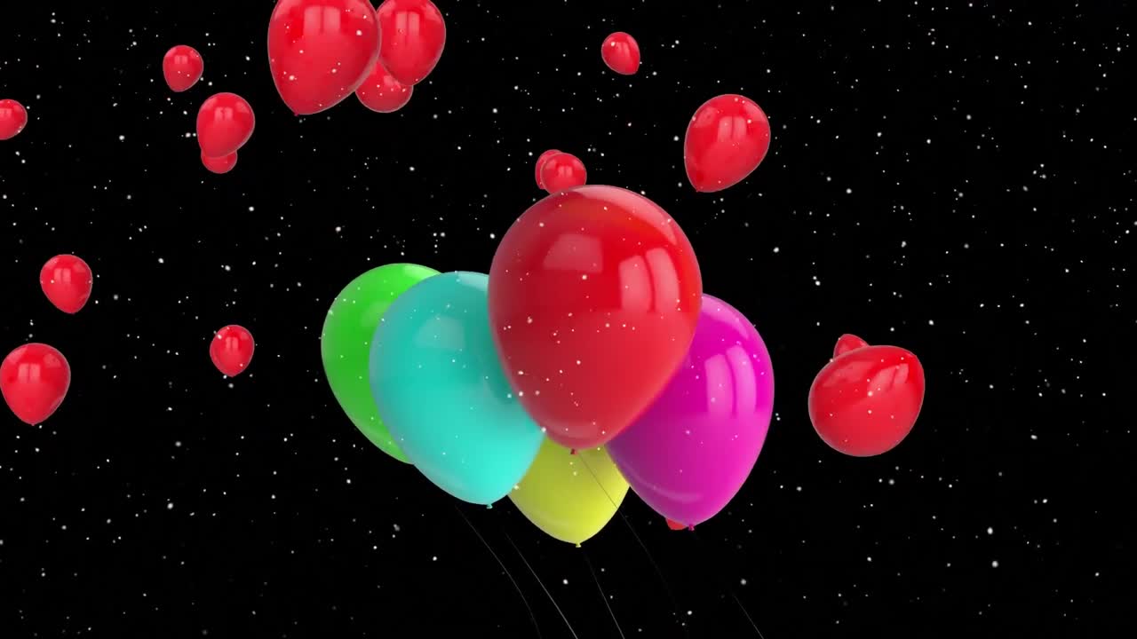 Animazione di macchie che cadono e palloncini su sfondo nero