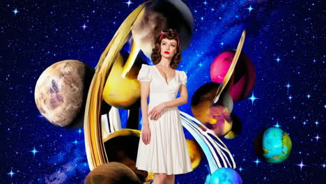 retro woman in a cosmic landscape with planets