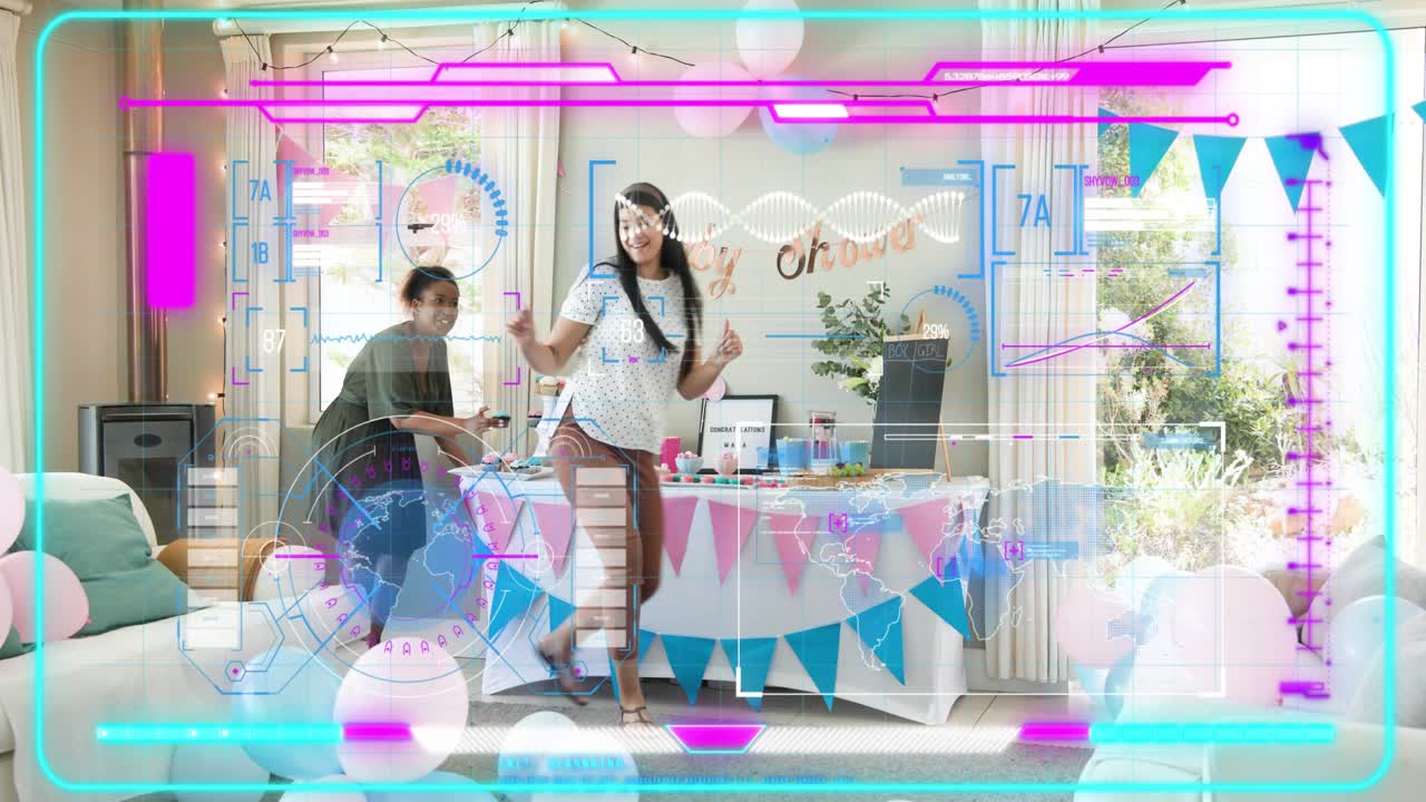 Woman carrying tray and placing cupcakes, partner fixing bunting, HUD overlaying party table