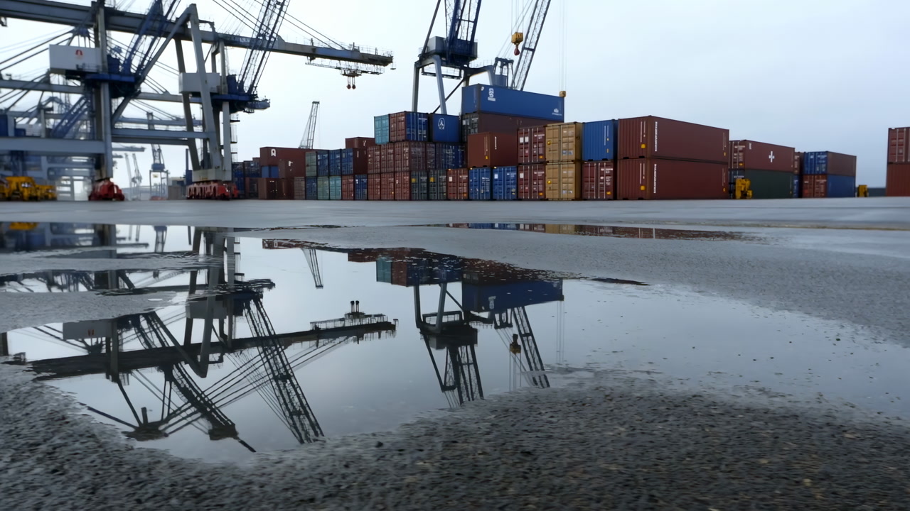 Container Cranes Reflected In Puddle Overcast Morning At Industrial Port With Stacked Shipping Containers, Wet