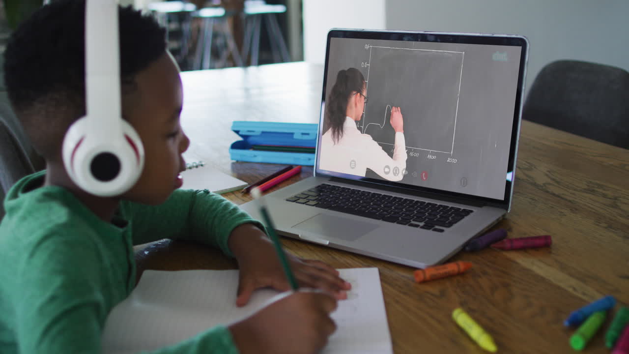 African american boy wearing headphones having a video call on laptop while doing homework at home