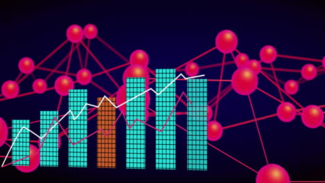 network connections and data analysis animation over colorful bar graphs and nodes