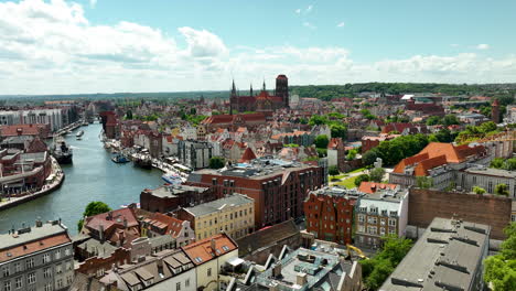 Panoramic-view-of-Gdańsk-old-town-with-the-Motława-River,-historical-buildings,-and-the-iconic-St