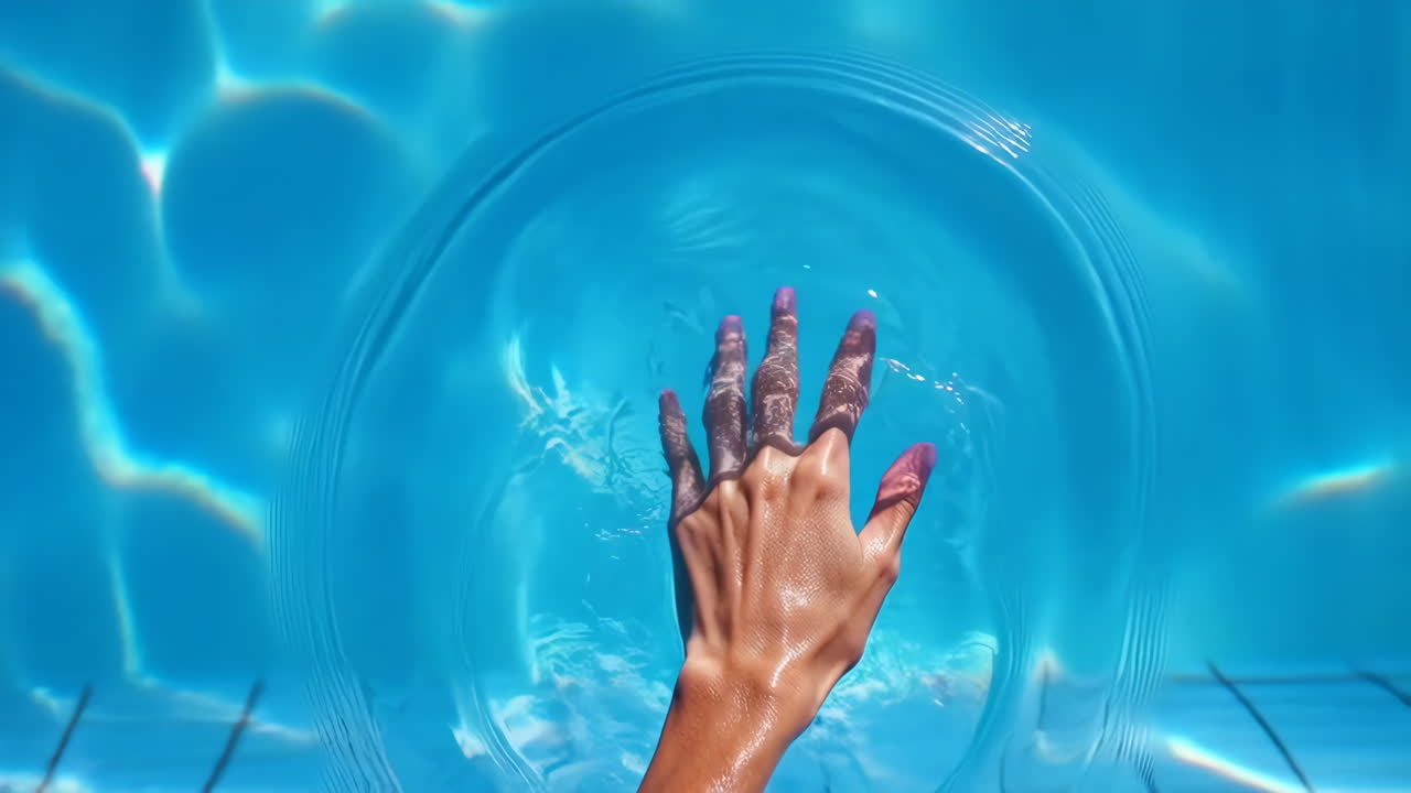 Hand gently touching the surface of a blue swimming pool, creating ripples and reflections