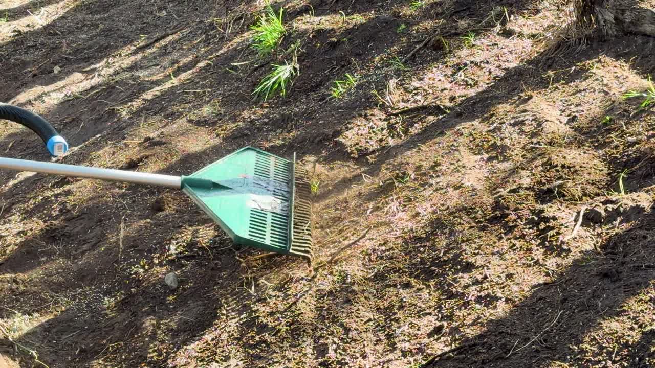 Green plastic rake moves through loose soil in bright outdoor garden, slow motion, natural lighting