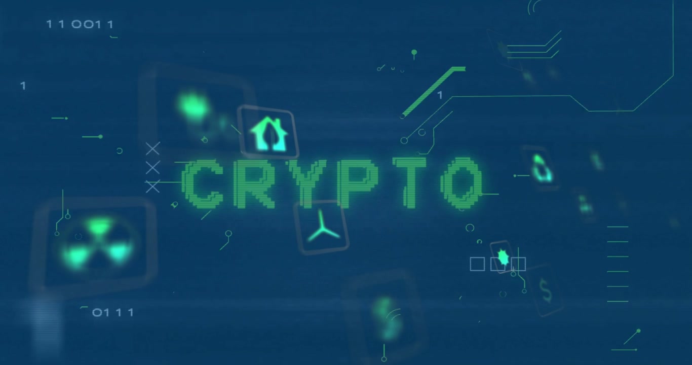 Icons materializing around CRYPTO while circuits pulsing and digits scrolling to visualize finance