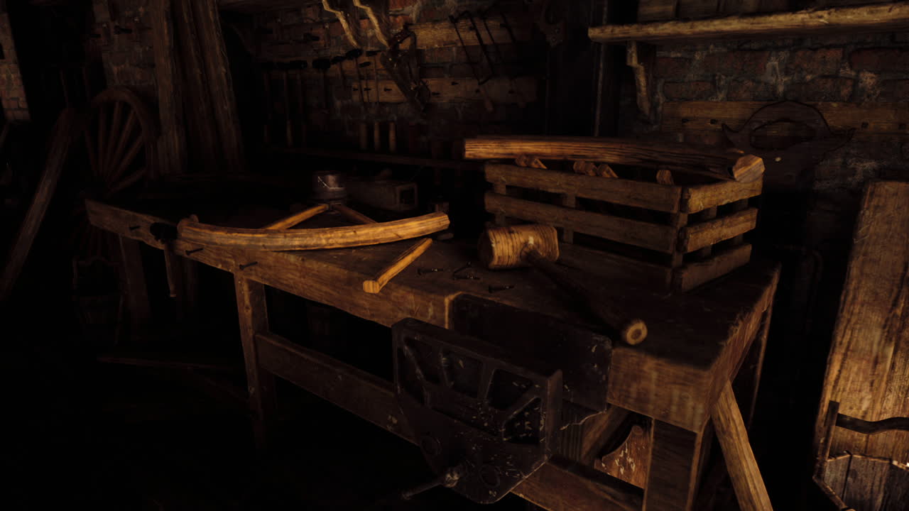 Rustic workshop with wooden tools and crates in dim light