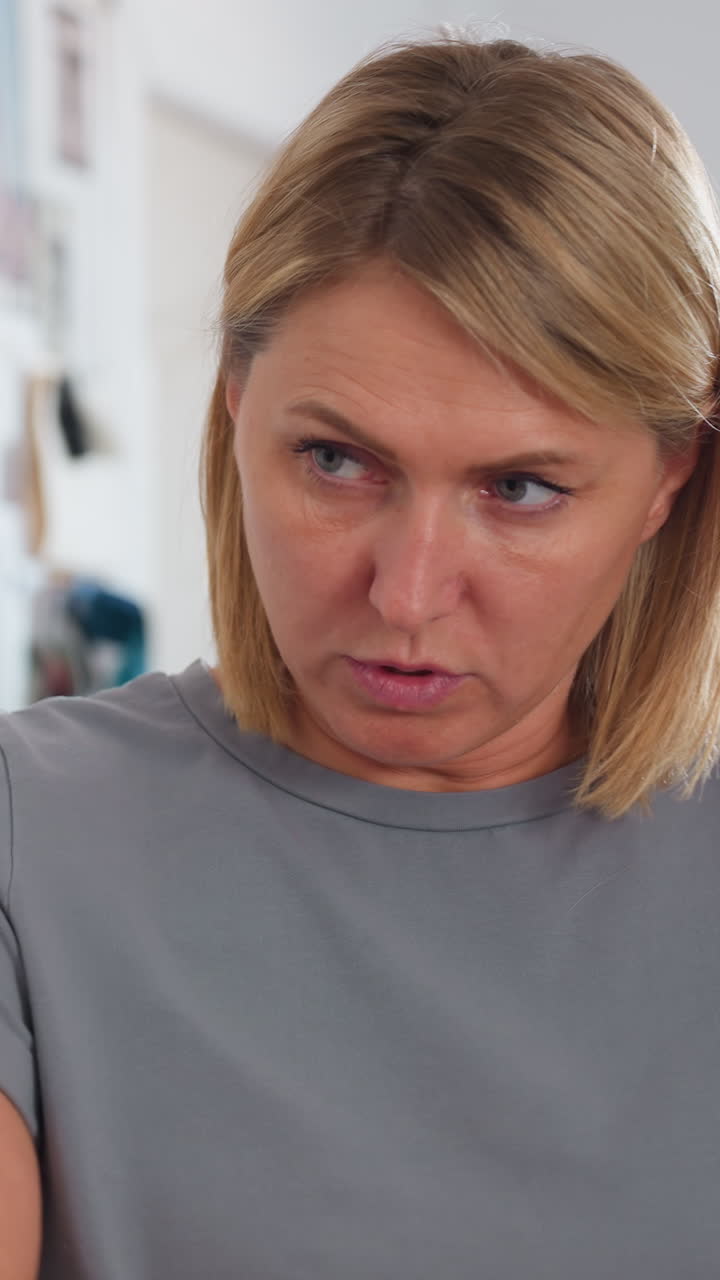 designer in studio reading critical feedback, holding chest and studying papers near moodboard, tense expression, assistant pointing at documents, wardrobe sketches and samples visible, closeup