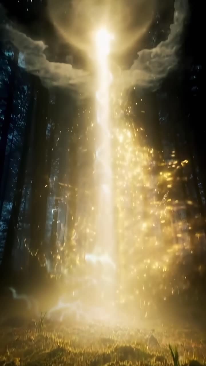 Magical forest scene with golden light beam, low-angle view, resembling a fantasy video