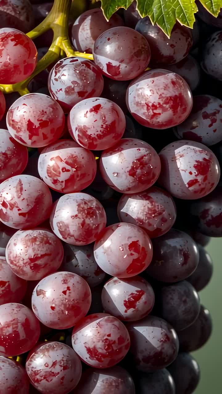 Vertical video: Showing red grape cluster glistening with droplets and green grape leaf in studio