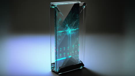 Teléfono-Futurista-Moderno-Con-Pantalla-Digital-De-Vidrio-Transparente,-Toma-De-Estudio-Del-Producto-Prototipo-De-Nueva-Tecnología