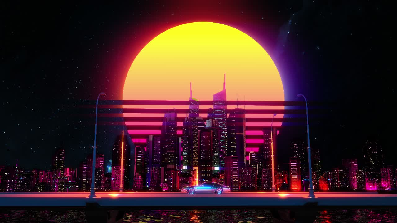 Animated car riding against night city background, vintage music video, game