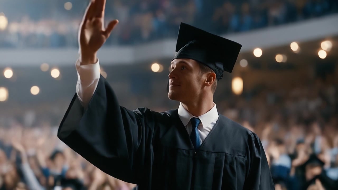 Un laureato orgoglioso saluta la folla durante una cerimonia di laurea, celebrando successi e nuovi inizi in un'atmosfera gioiosa piena di applausi ed eccitazione.