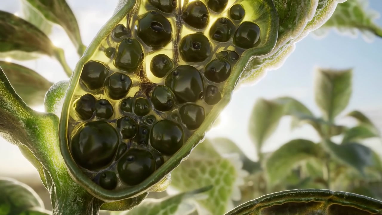Camera moves closer to translucent green pod interior packed with smooth dark seeds, while bright sunlight flares behind textured edges and softly blurred foliage remains in background.