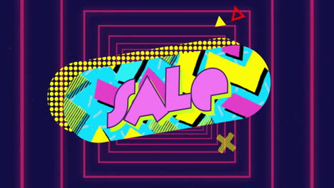 sale text dancing across tilted multicolor oval in pop art style, glowing with neon green outline
