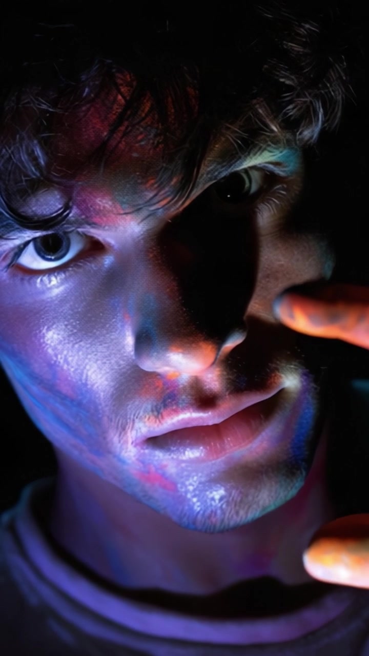 Un ritratto sorprendente di un giovane uomo illuminato da colori vivaci, che cattura un momento di introspezione con un'espressione contemplativa e un gioco di luci artistico.