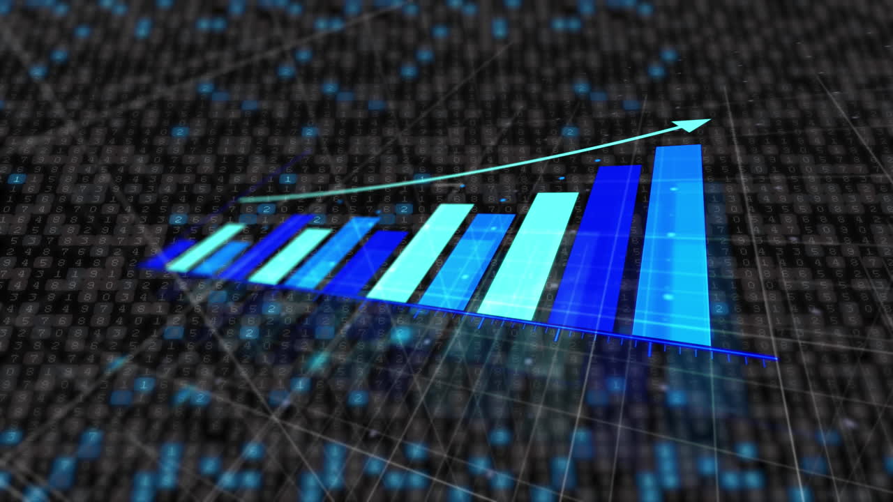 Animation of statistical data processing over blue spots of light against black background