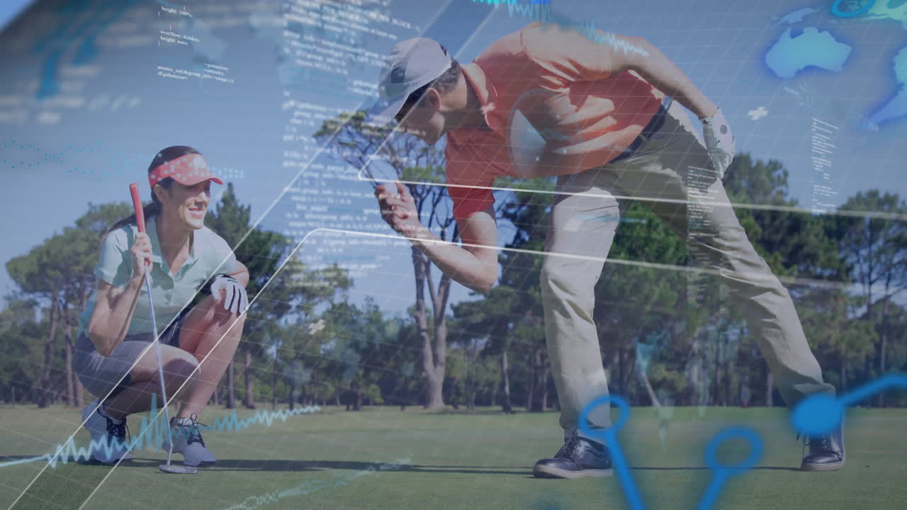 mature couple practicing golf putting education, showing animated swing arcs and distance markers